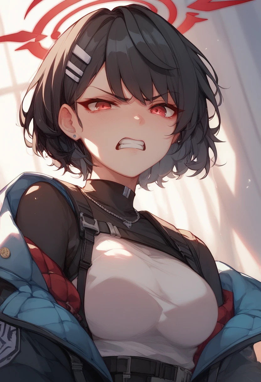 best quality, (masterpiece:1.2), highly detailed,

1girl, solo, 
Izumo Fuuko
tomboy
beanie, red headwear, black crop top, black hair, short hair,hair between eyes, brown, angry, nervous, looking at the viewer, mouth gagged, mouth taped, 
huge breasts, wrists taped, arms taped, arms behind back, tigh highs, cowboy shot, top down view, laying in the car trunk