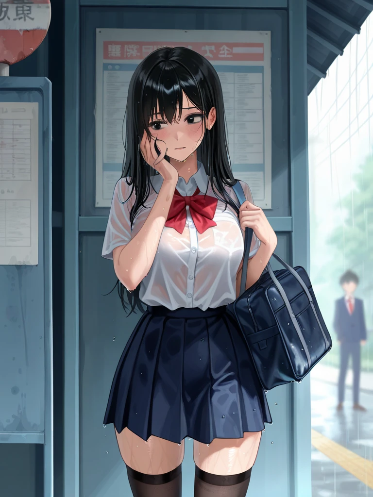 first person point of view,female anime character, 175cm tall, 60kg in weight, wearing high school uniform, long black hair, black eyes,bring her school bag ,ideal body, with short skirt and stockings,white shirt,Standing at the bus stop, her body was wet because of the rain, so her body was transparent, her face blushed while feeling cold,her hands cover her transparent chest