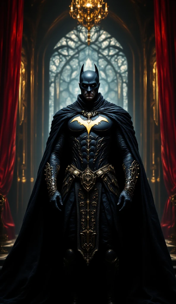 (best quality, 128k,highres,masterpiece:1.2),ultra-detailed,(realistic,photorealistic,photo-realistic:1.37), ((masterpiece)) ((photography)) ((Highest quality)) A baroque-style depiction of Batman standing in a dark, gothic setting, with intricate gold-framed armor and a dramatic cape. The scene is opulent, with rich dark reds and golds illuminating the shadows. A cathedral-like backdrop, with ornate arches and stained glass windows, adds to the grandeur. The bat symbol is subtly integrated into the elaborate design of his suit, with intricate lace details on the edges of his cape.