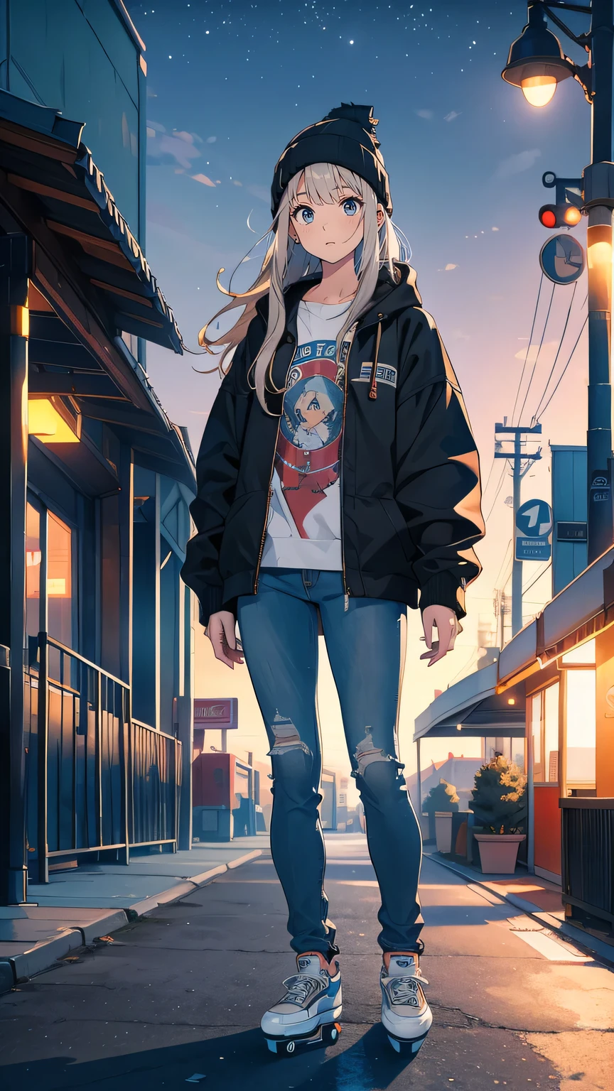 “An 18-year-old girl skating alone at night under the soft glow of streetlights. She wears a casual jacket, skinny jeans, and a beanie, with a focused and slightly introverted expression. Her long hair peeks out from under the beanie, and she holds her skateboard tightly. The empty parking lot behind her reflects the calm, quiet atmosphere, while the distant lights of the city add a sense of isolation and introspection.”