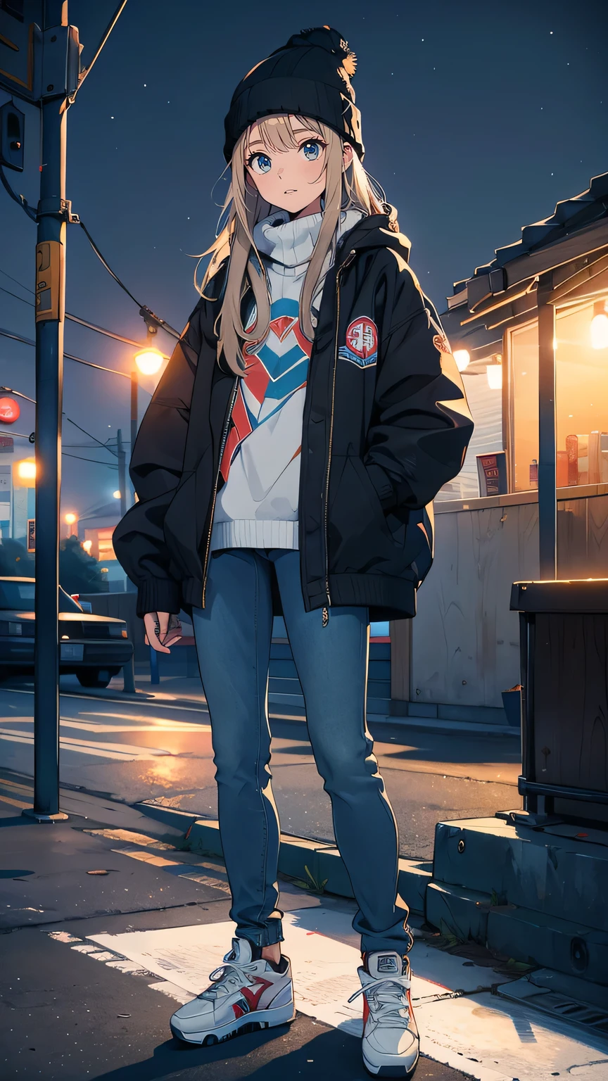“An 18-year-old girl skating alone at night under the soft glow of streetlights. She wears a casual jacket, skinny jeans, and a beanie, with a focused and slightly introverted expression. Her long hair peeks out from under the beanie, and she holds her skateboard tightly. The empty parking lot behind her reflects the calm, quiet atmosphere, while the distant lights of the city add a sense of isolation and introspection.”