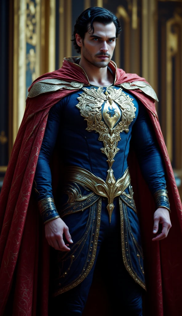 (best quality, 128k,highres,masterpiece:1.2),ultra-detailed,(realistic,photorealistic,photo-realistic:1.37), ((masterpiece)) ((photography)) ((Highest quality)) Superman in a baroque-inspired scene, wearing an ornate suit with intricate golden filigree on his chest, his cape flowing dramatically behind him. The setting features grandiose architecture with towering columns and flowing drapes. His posture is regal, with one hand on his chest and the other extended upward as if invoking divine power. Rich blues, golds, and crimson dominate the color palette, creating a contrast between heroism and elegance.