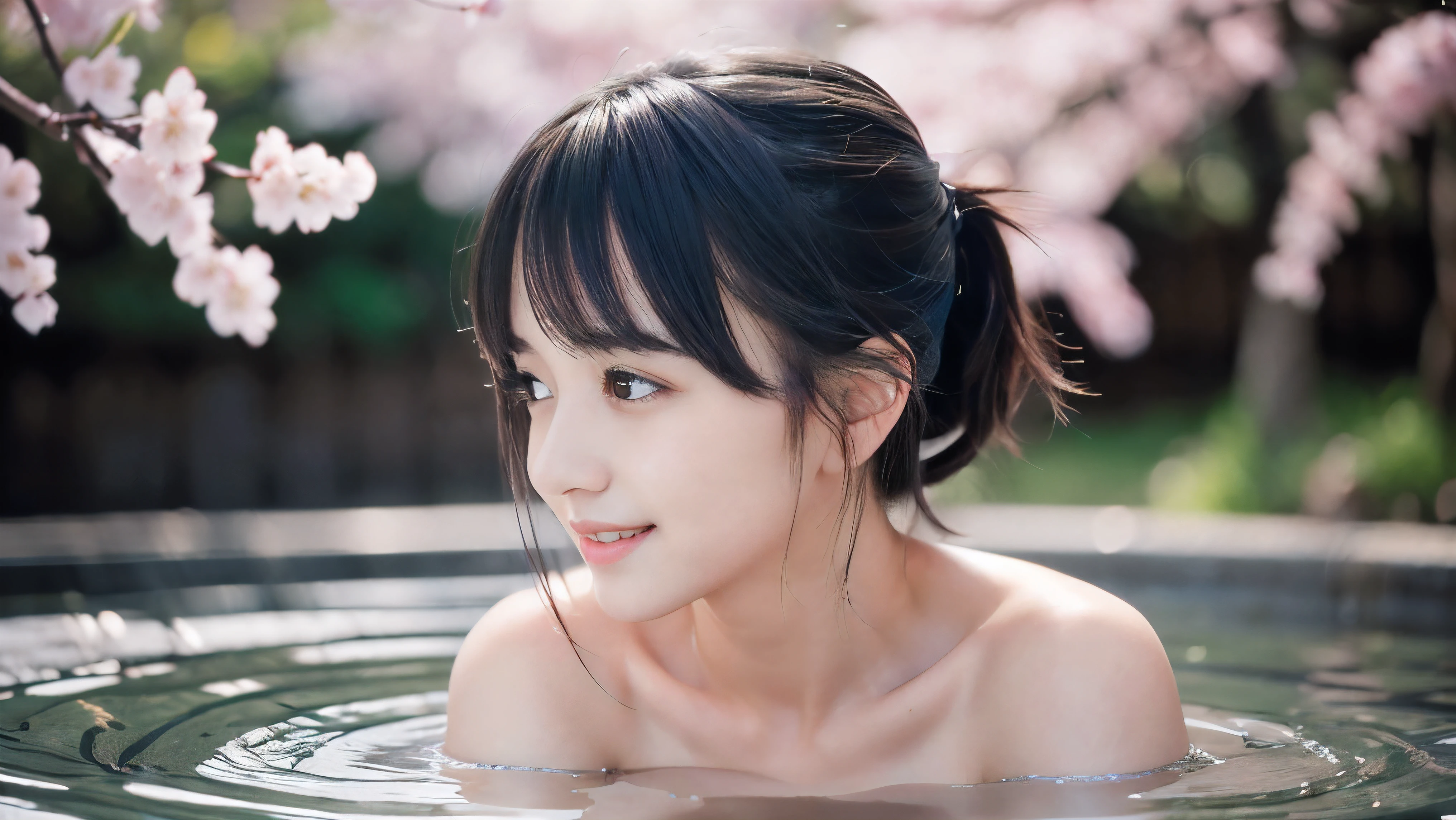 (Profile shot of a naked slender small breasts two side up black medium hair with bangs girl:1.5)、(Naked girl is soaking in a milky color Japanese onsen outdoors with small smile:1.5)、(Outdoor Japanese onsen with milky white color and it has full bloom weeping cherry blossoms:1.5)、(blurred background:1.5)、(Natural light:1.5)、(8k ultra detailed master piece:1.5)、(perfect anatomy:1.5)、(Photorealistic stick:1.5)、(Raw photo:1.3)、(highest quality:1.5)、(High resolution:1.3)、(Delicate and beautiful perfect face:1.3)、(Delicate and beautiful eye air skin:1.3)、(Real Human Skin:1.3)、((thin legs))