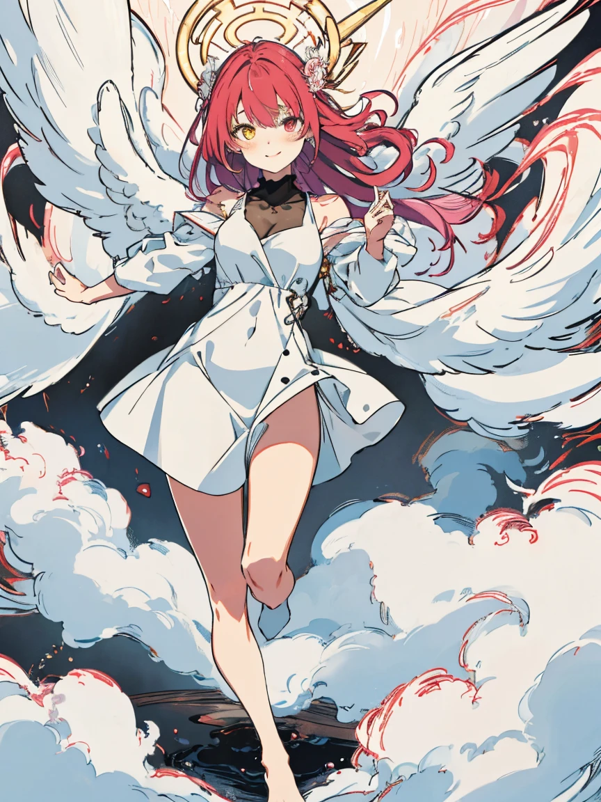 Long white hair,Curly hair,Red bangs,Eye color: Red,White dress,barefoot,whole body,Angel Wings