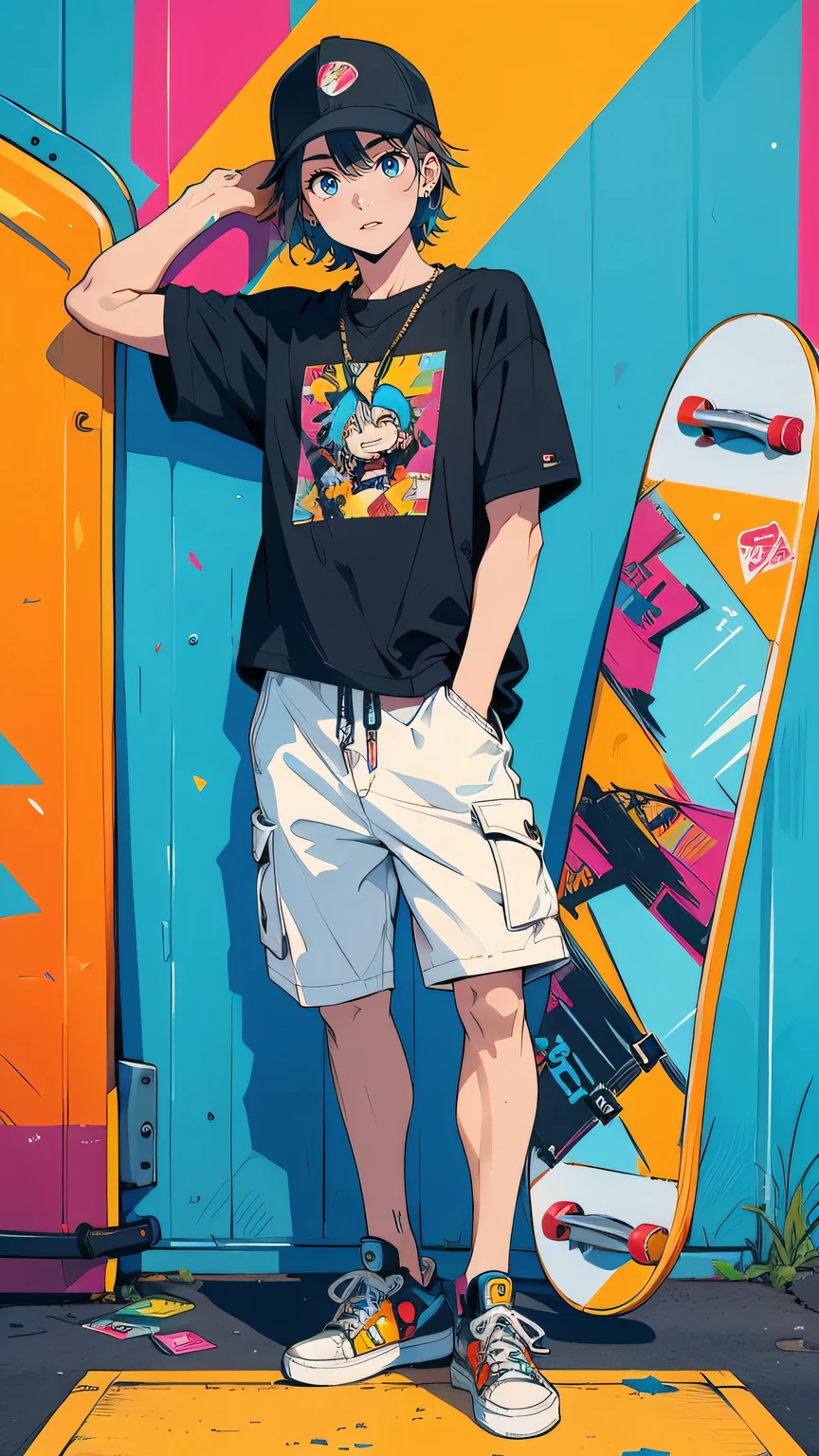 “A 19-year-old skater boy, carefree and energetic, with a bright smile and messy hair. He wears a graphic t-shirt, cargo shorts, and well-worn sneakers. His skateboard is decked out with stickers and custom designs. He leans casually on his board, one foot up on a ramp in a gritty, urban skatepark covered in graffiti. The setting is vibrant and full of energy, reflecting his fun and rebellious personality.”