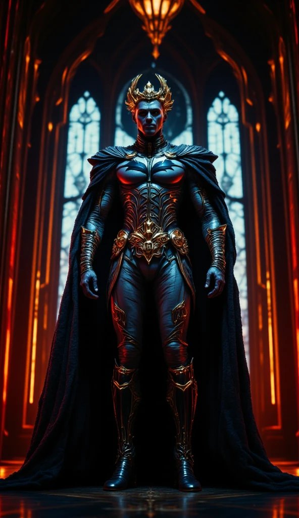 (best quality, 128k,highres,masterpiece:1.2),ultra-detailed,(realistic,photorealistic,photo-realistic:1.37), ((masterpiece)) ((photography)) ((Highest quality)) A baroque-style depiction of Batman standing in a dark, gothic setting, with intricate gold-framed armor and a dramatic cape. The scene is opulent, with rich dark reds and golds illuminating the shadows. A cathedral-like backdrop, with ornate arches and stained glass windows, adds to the grandeur. The bat symbol is subtly integrated into the elaborate design of his suit, with intricate lace details on the edges of his cape.