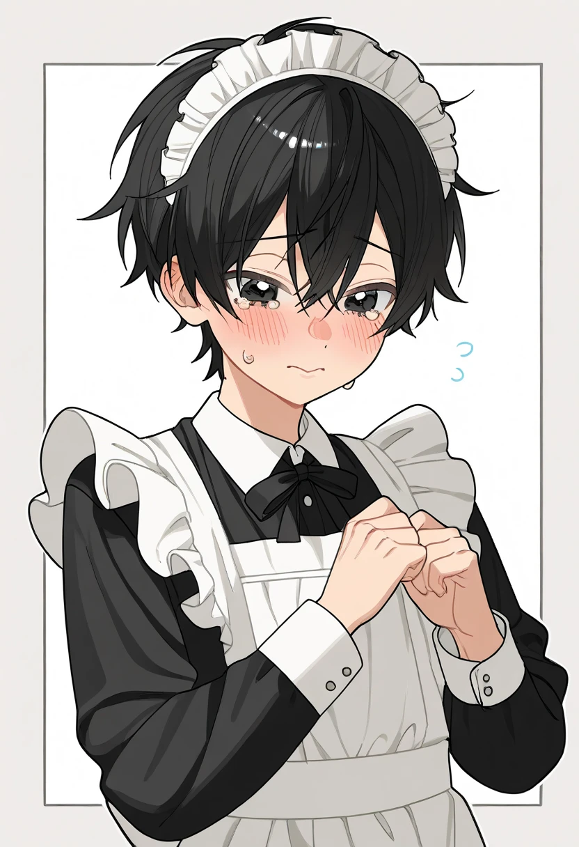 Top quality, super resolution, top quality, delicate, , black hair, watery eyes, slender, boy, thick coat, slender, round outline, neat hair, man in maid uniform, long sleeves,Thick Coating、 cute 、juvenile、 cute 男性、 mash hair、Three-dimensional、Thick Coating風の絵柄、 mash hair、Three-dimensional、human-like pattern、 black hair、juvenile、round outline、 beautiful short hair、Thick Coating、Three-dimensional、 College Student 、in trouble、blush、Teary-eyed