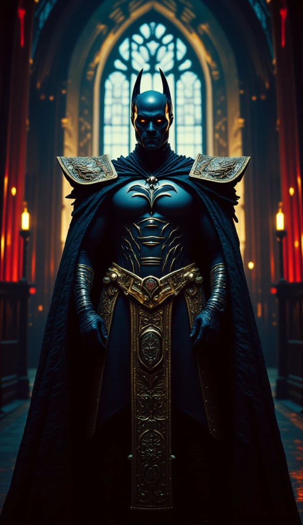 (best quality, 128k,highres,masterpiece:1.2),ultra-detailed,(realistic,photorealistic,photo-realistic:1.37), ((masterpiece)) ((photography)) ((Highest quality)) A baroque-style depiction of Batman standing in a dark, gothic setting, with intricate gold-framed armor and a dramatic cape. The scene is opulent, with rich dark reds and golds illuminating the shadows. A cathedral-like backdrop, with ornate arches and stained glass windows, adds to the grandeur. The bat symbol is subtly integrated into the elaborate design of his suit, with intricate lace details on the edges of his cape.