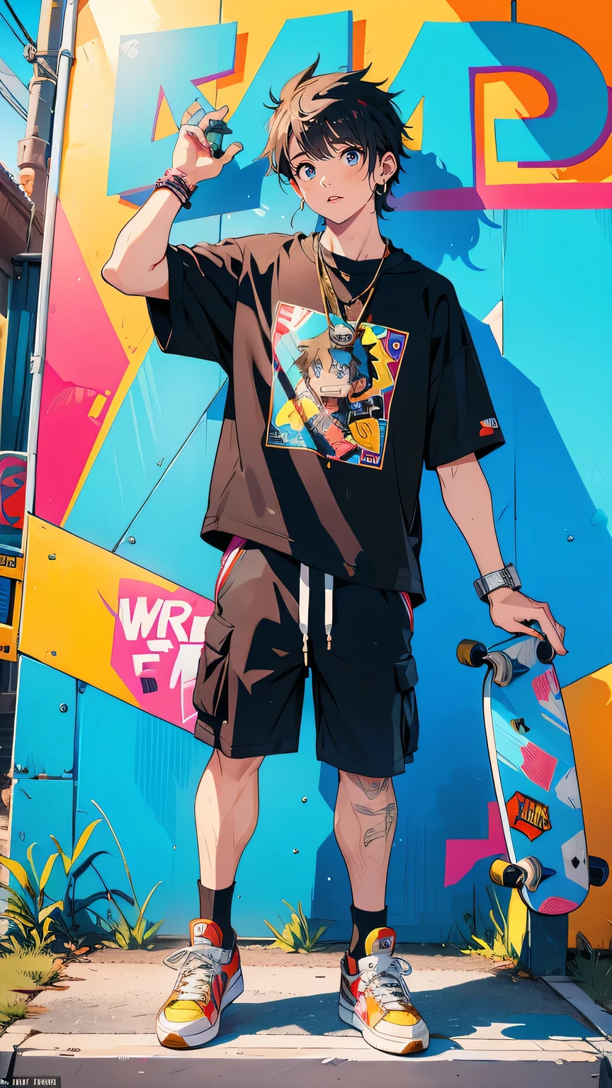 “A 19-year-old skater boy, carefree and energetic, with a bright smile and messy hair. He wears a graphic t-shirt, cargo shorts, and well-worn sneakers. His skateboard is decked out with stickers and custom designs. He leans casually on his board, one foot up on a ramp in a gritty, urban skatepark covered in graffiti. The setting is vibrant and full of energy, reflecting his fun and rebellious personality.”