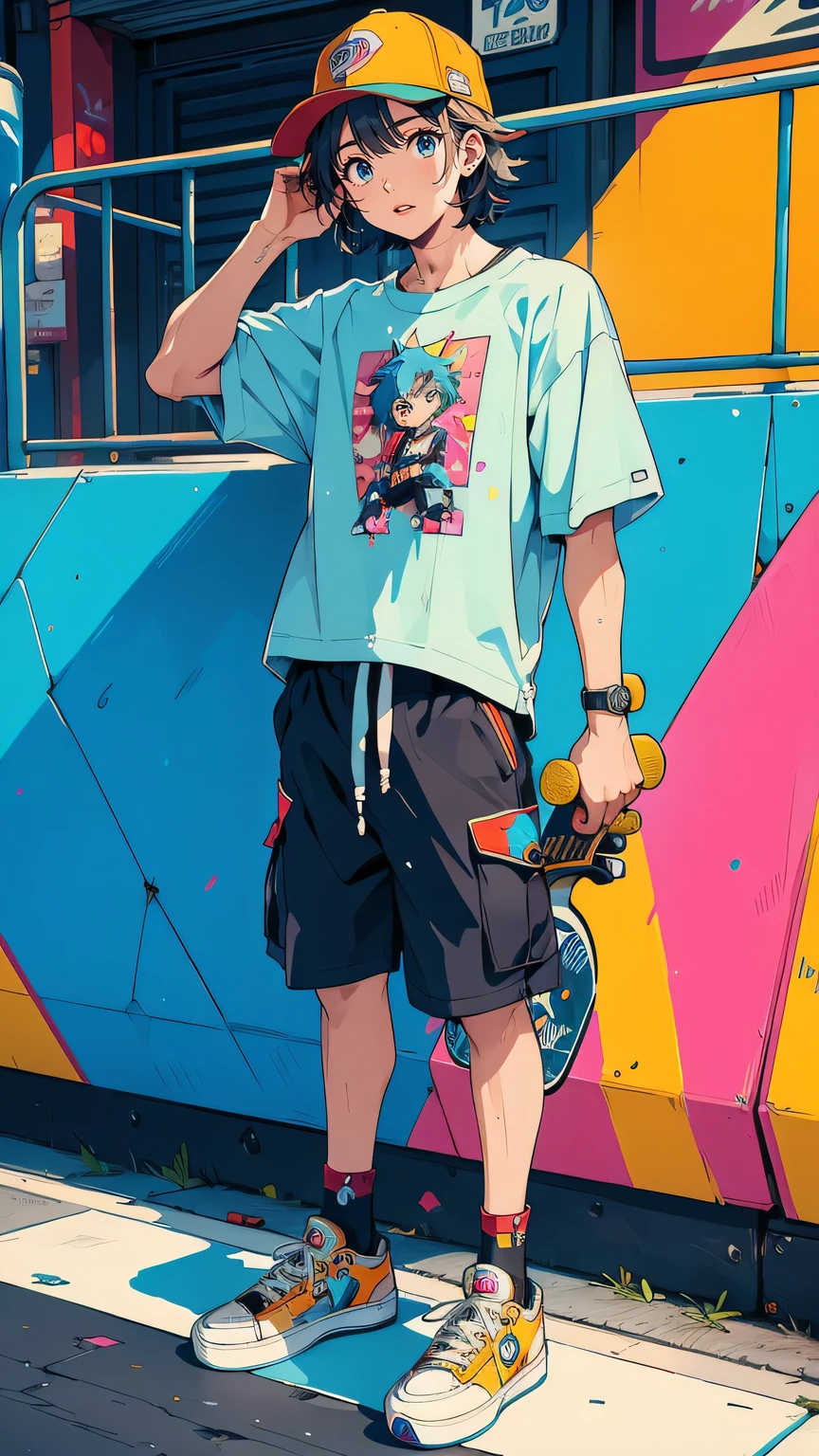 “A 19-year-old skater boy, carefree and energetic, with a bright smile and messy hair. He wears a graphic t-shirt, cargo shorts, and well-worn sneakers. His skateboard is decked out with stickers and custom designs. He leans casually on his board, one foot up on a ramp in a gritty, urban skatepark covered in graffiti. The setting is vibrant and full of energy, reflecting his fun and rebellious personality.”