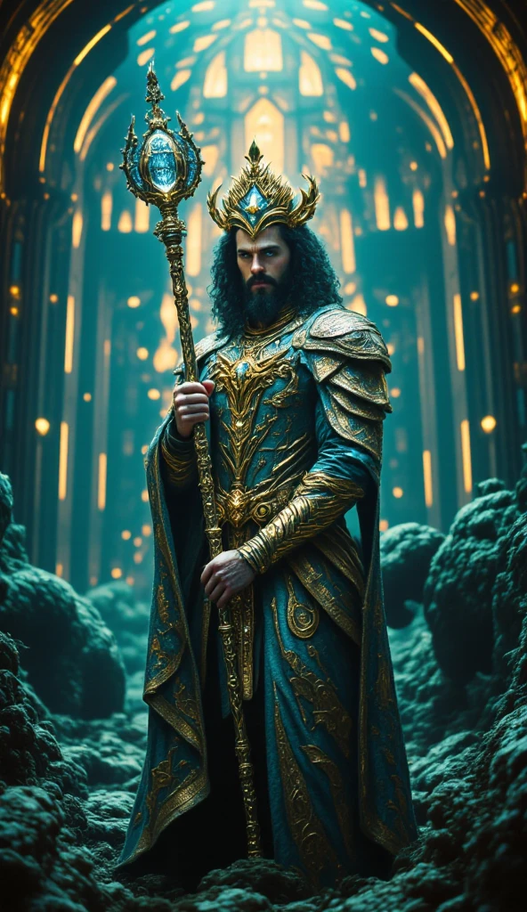 (best quality, 128k,highres,masterpiece:1.2),ultra-detailed,(realistic,photorealistic,photo-realistic:1.37), ((masterpiece)) ((photography)) ((Highest quality)) Aquaman depicted in baroque style, his armor shimmering with gold and sea-green accents, resembling ornate seashells and coral. His trident is decorated with opulent gemstones and intricate designs. He stands in a grand palace submerged beneath the sea, with delicate fish swimming through massive, sculpted columns and swirling seaweed. The scene is bathed in warm, golden light filtering through the water, with a mix of rich turquoise and silver tones.