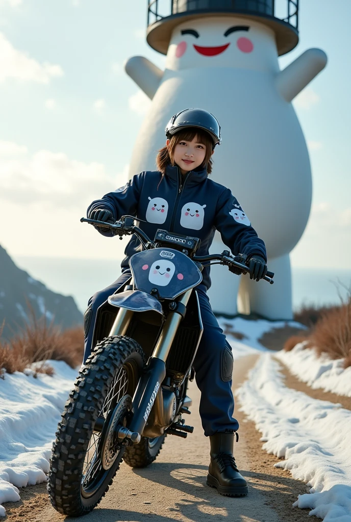 ultra-realistic, photorealistic, dramatic scene, shadow, global-illumination, solo, very beautiful Japanese woman, she is high ****** student but professional off-road motorcycle rider, She is riding a Kawasaki's off-road motorcycle, in front of the huge daikon radish shaped lighthouse on the cliff, at the snow covered dirt road, wearing a very cute daikon-radish-anime-character patterned dark blue winter riding jacket with warm over pants, leather winter glove, loose fitting wears, wearing a fast-look patterned SHOEI full-face off-road-helmet with a transparent visor, beautiful detailed her eyes, the white daikon that printed on the side of her motorcycle is 1 daikon\(large, very cute white daikon radish character, very cute smiled face, detailed surface texture, chubby, medium-long, full body\), professional lighting, warm winter sunshine, she looks so happy, She shows exceptional skill in high-speed riding, (amazing view of ocean with a daikon radish painted lighthouse), lighthouse\(large, very cute white daikon radish character, very cute smiled face, chubby, medium-long, full body, small hands\), (shoot from below)