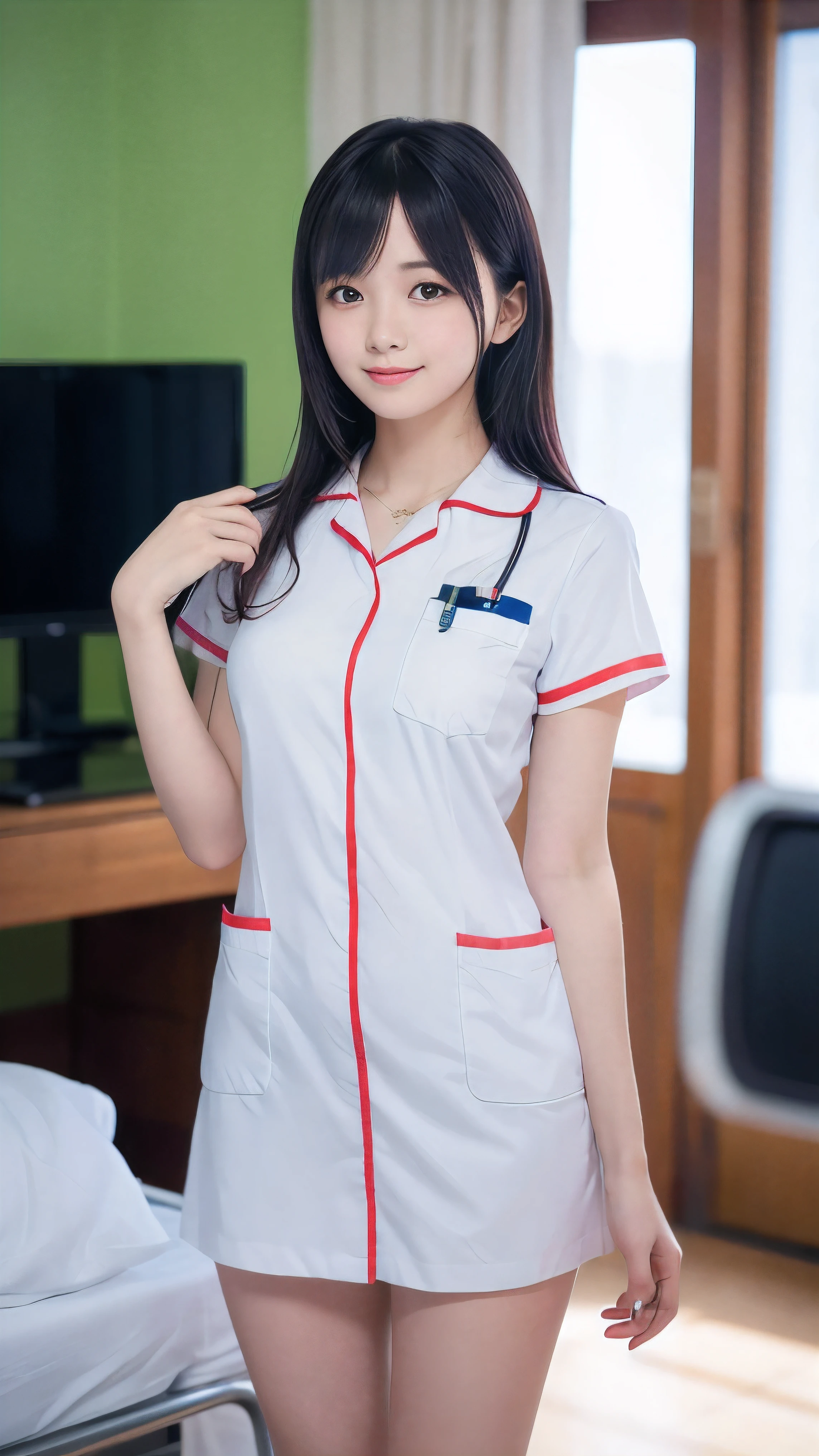 (Close-up face shot of one slender small breasts two side up black medium hair with bangs girl in a white nurse uniform:1.5)、(One nurse measuring blood pressure in the hospital room with small smile:1.5)、(blurred background:1.5)、(Natural light:1.5)、(High-key photo:1.5)、(8k ultra detailed master piece:1.5)、(perfect anatomy:1.5)、(Photorealistic stick:1.5)、(Raw photo:1.3)、(highest quality:1.5)、(High resolution:1.3)、(Delicate and beautiful perfect face:1.3)、(Delicate and beautiful eye air skin:1.3)、(Real Human Skin:1.3)、((thin legs))