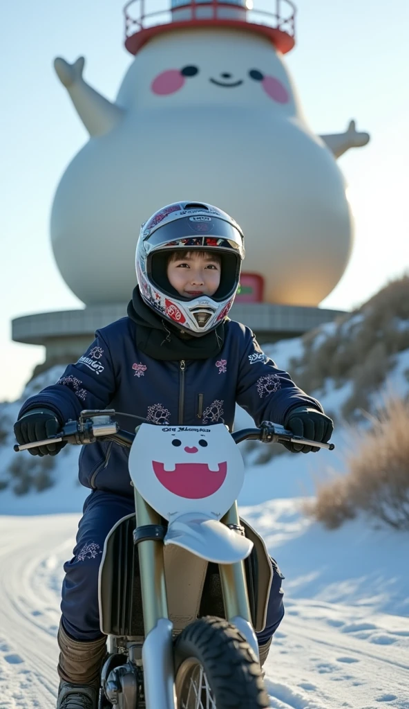 ultra-realistic, photorealistic, dramatic scene, shadow, global-illumination, solo, very beautiful Japanese woman, she is high ****** student but professional off-road motorcycle rider, She is riding a Kawasaki's off-road motorcycle, in front of the huge daikon radish shaped lighthouse on the cliff, at the snow covered dirt road, wearing a very cute daikon-radish-anime-character patterned dark blue winter riding jacket with warm over pants, leather winter glove, loose fitting wears, wearing a fast-look patterned SHOEI full-face off-road-helmet with a transparent visor, beautiful detailed her eyes, the white daikon that printed on the side of her motorcycle is 1 daikon\(large, very cute white daikon radish character, very cute smiled face, detailed surface texture, chubby, medium-long, full body\), professional lighting, warm winter sunshine, she looks so happy, She shows exceptional skill in high-speed riding, (amazing view of ocean with a daikon radish painted lighthouse), lighthouse\(large, very cute white daikon radish character, very cute smiled face, chubby, medium-long, full body, small hands\), (shoot from below)