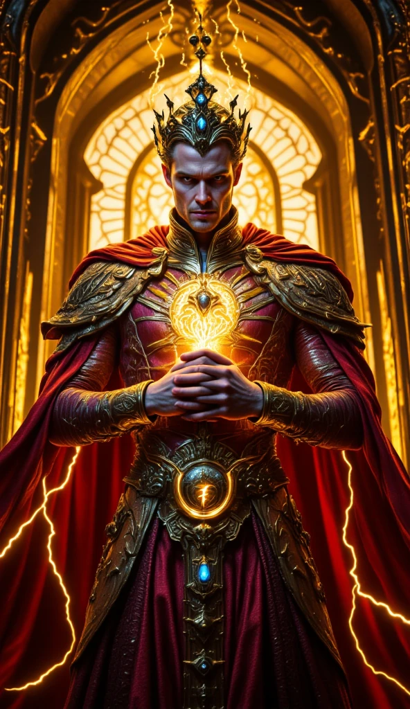 (best quality, 128k,highres,masterpiece:1.2),ultra-detailed,(realistic,photorealistic,photo-realistic:1.37), ((masterpiece)) ((photography)) ((Highest quality)) The Flash in baroque style, wearing a golden and red suit with elaborate detailing, including ornate lightning bolts inlaid with jewels. His stance is dynamic, as if he's caught in a moment of high-speed movement, with a trail of golden light weaving around him. The background features baroque architecture, with intricate spiraling patterns and golden filigree. The color palette includes deep reds, yellows, and gold, evoking both energy and regality.