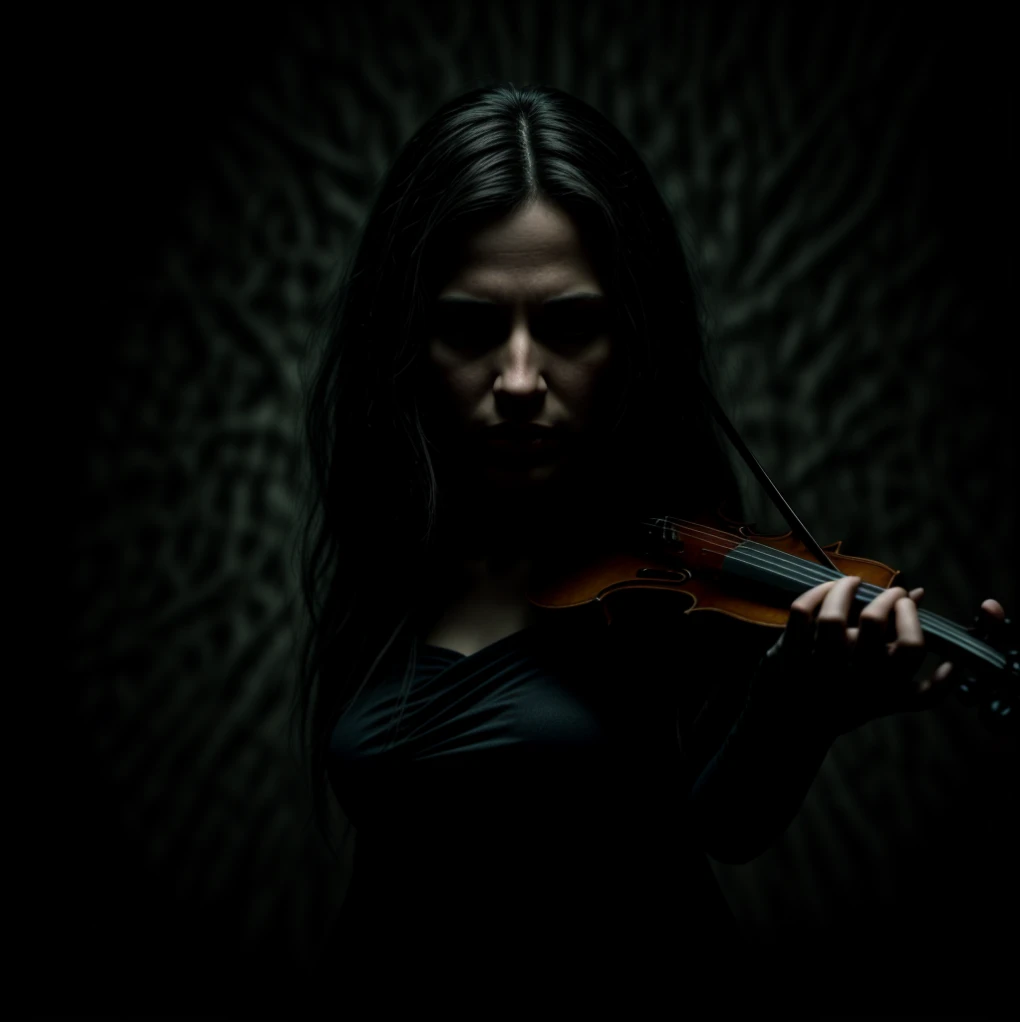 obra-prima, melhor qualidade, fotografia cinematográfica de uma imagem desfocada de uma mulher tocando violino em uma sala escura, violino de fantasia, Dístico de Kerem, apenas arte para música dark metal, arte digital escura, mas detalhada, estilo dos anos 80 tomasz alen kopera, (violino de fantasia), Tomasz Alen Kopera e CGsociety, obra de arte dramática, Stefan Gesell, por Slawomir Maniak, fotografia, film, highres