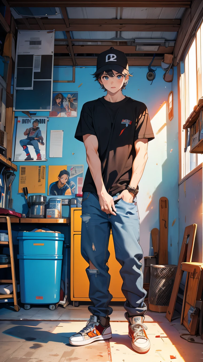 “A 20-year-old skater, slightly older and more rugged, with a serious expression. He wears a fitted t-shirt and jeans, his arms slightly muscular from years of skating. His skateboard is pristine, as he carefully works on it in a dimly lit garage filled with tools and spare parts. The garage has posters of famous skaters on the walls and a sense of nostalgia and craftsmanship in the air.”