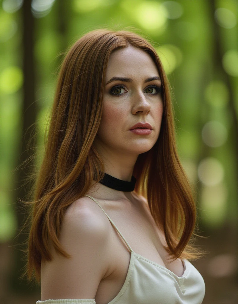 real, photoshoot, realistic, perspective, atmospheric scene, masterpiece, best quality, (detailed face, detail skin texture, ultra-detailed body:1.1),cinematic light, 1girl, portrait photo of k4r3njm4nj1-smf , solo, forest, redhead hair, realistic, nature, upper body, long hair, breasts, outdoors, day, brown hair, choker