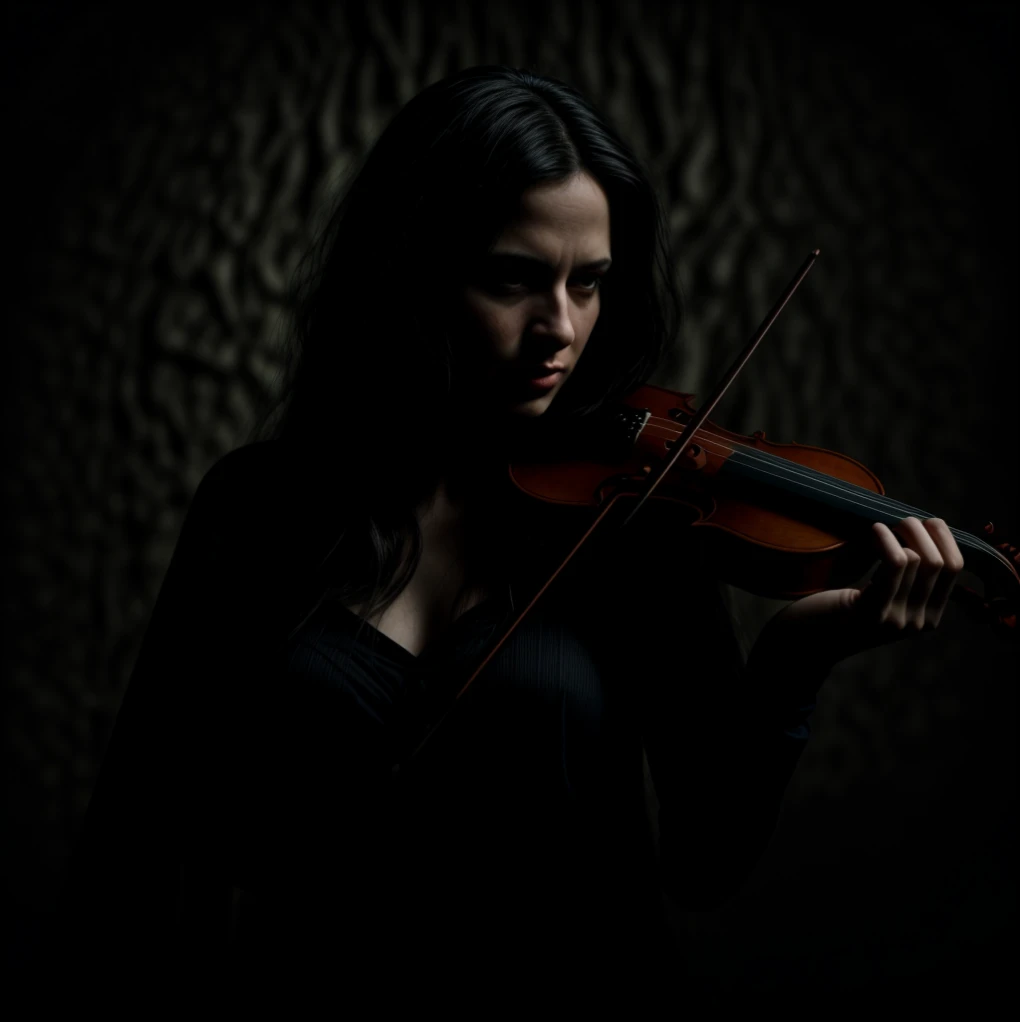 obra maestra, mejor calidad, foto cinematográfica de una imagen arafada de una mujer tocando el violín en una habitación oscura, violín de fantasía, Pareado de Kerem,  solo arte para música dark metal , arte digital oscuro pero detallado, Estilo de los 80 tomasz alen kopera, (violín de fantasía), Tomasz Alen Kopera y CGSociety, obra de arte dramática, Stefan Gesell, por Slawomir Maniak, fotografía, película, highres