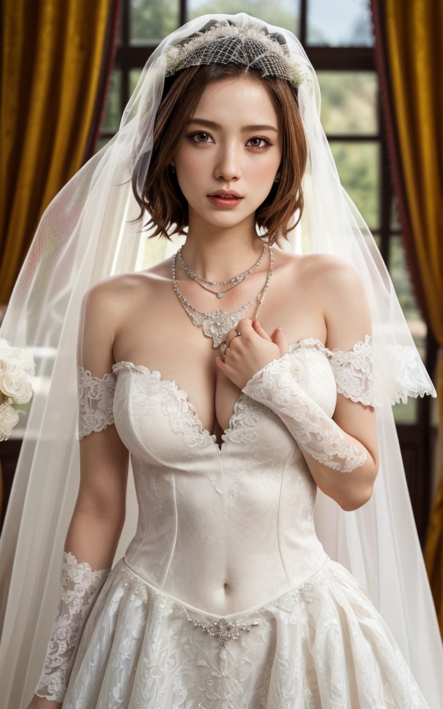 (Best Quality, masutepiece:1.2), (Realistic:1.3), (hyper detailed background, Detailed background), Bokeh, ((large full breasts:1.2)), ((Fantastic taut cleavage)), ((spread breasts:1.2)), (Sexy Obscene), (large and neat areolas,,:1.3), Ruffled Ball Gown Dress, (Lace Trimmed See-Through Ball Gown Dress:1.4), Bridal tiara, Gorgeous parchment white ball gown dress, Luxurious white ball gown dress, Classic Sexy Ball Gown Dress, Show, Bridal Veil, bridal gauntlets, Bridal Cascade Bouquet, Upper body, Wedding in the church, The skirt spreads round and wide, 1girl in, Cute, age, Posing, Smiling, Dynamic Angle, Dynamic Pose, Short hair,