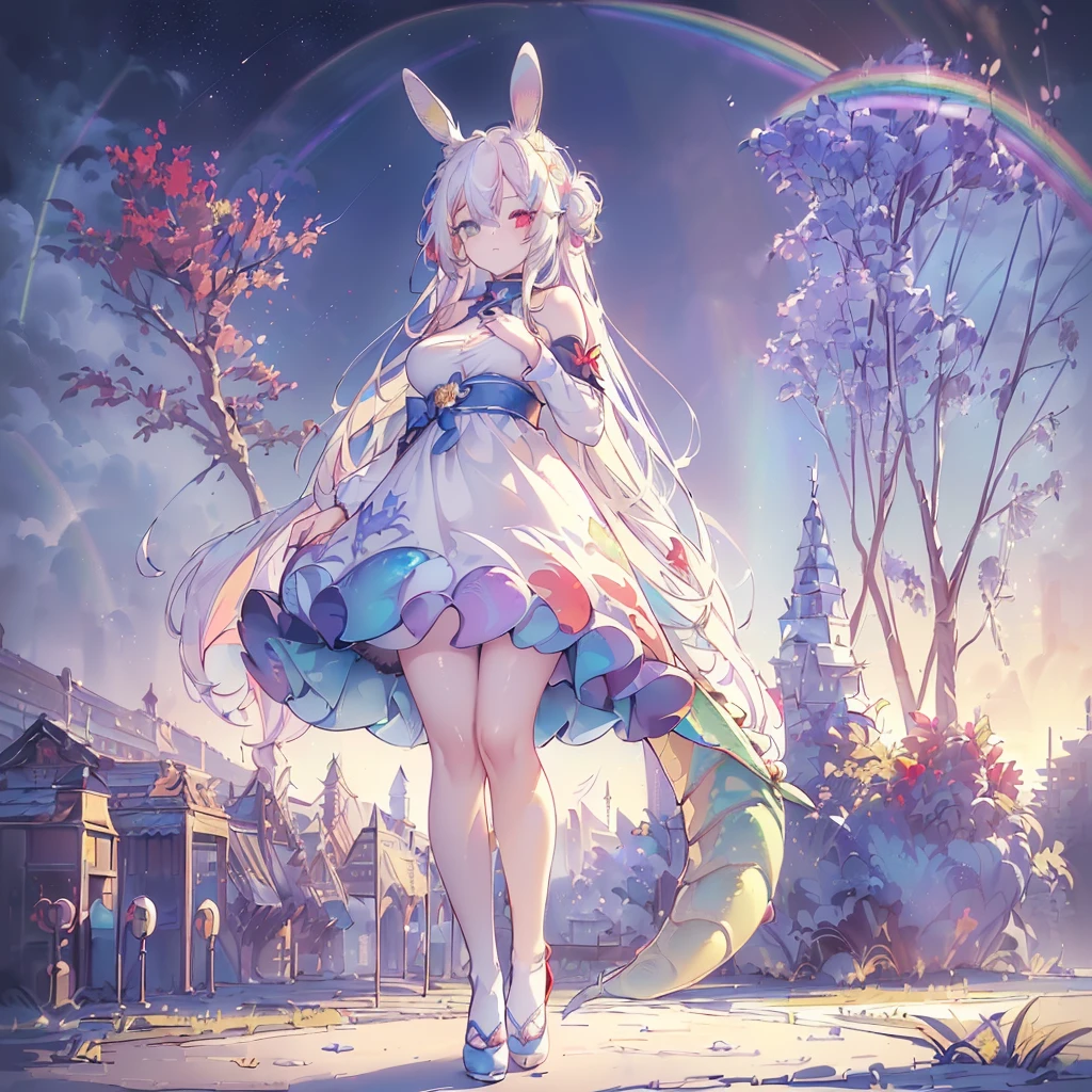 Hand Repair,masterpiece,(((( 1 girl)))), beautiful girl,City Background,((((full body shot,very wide shot,Rabbit Ears,I'm hiding my ears with my hair)))),Perfect white hair, long hair, ((((( rainbow heterochromia, Golden Eye Right Eye,Red Eye Left Eye ,she wearing a blue color and drawing dragon furisode))))),Big Breasts, facing forward 