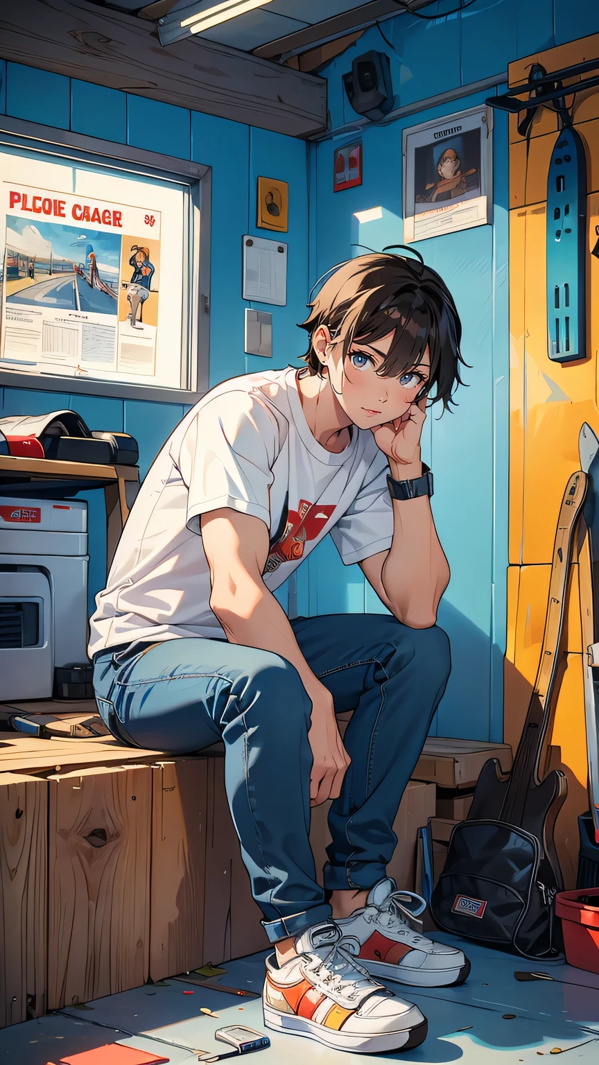 “A 20-year-old skater, slightly older and more rugged, with a serious expression. He wears a fitted t-shirt and jeans, his arms slightly muscular from years of skating. His skateboard is pristine, as he carefully works on it in a dimly lit garage filled with tools and spare parts. The garage has posters of famous skaters on the walls and a sense of nostalgia and craftsmanship in the air.”