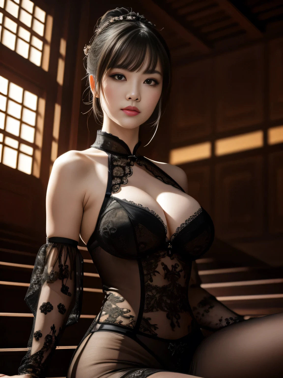 Sexy woman, black braided hair, seductive gaze and smile, blushing intensely, perfect skin, soft lips, medium chest, cleavage, perfect body, hot, toga