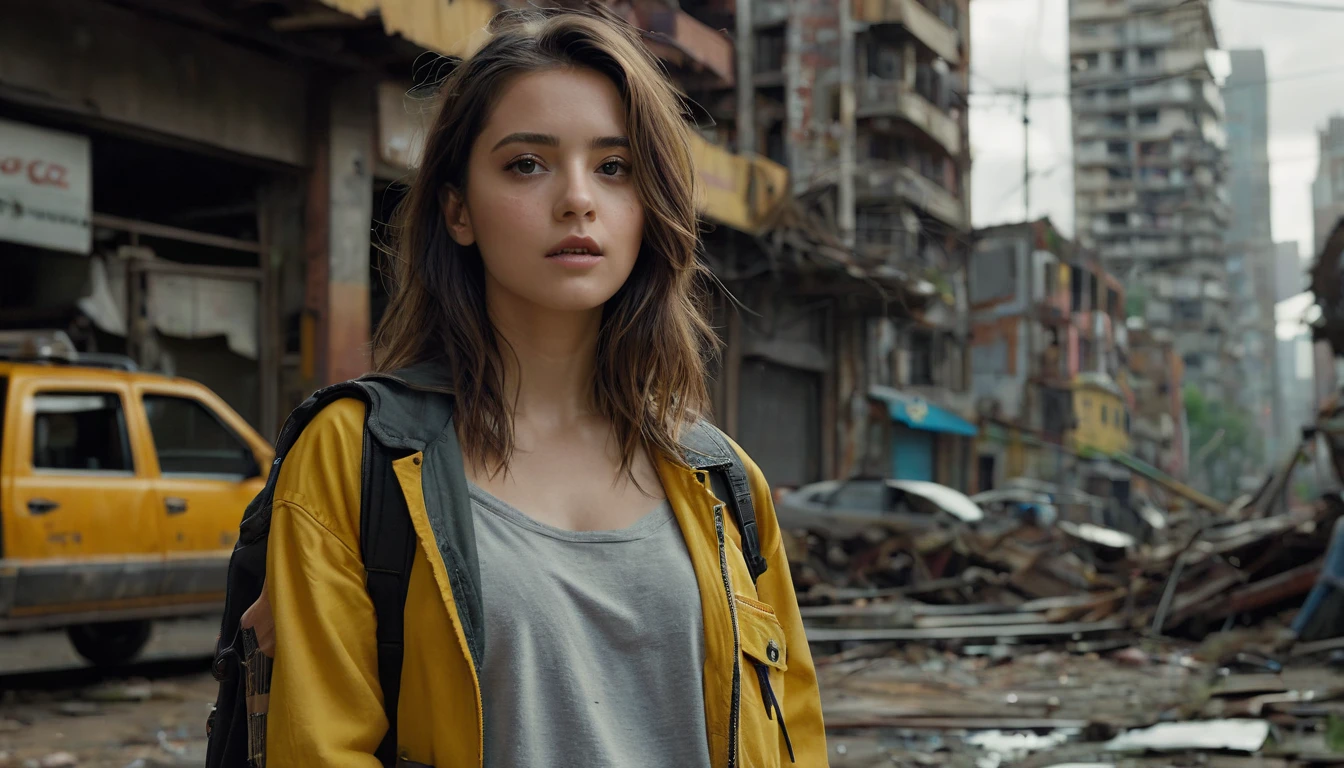 (最 High Quality ,4K,8k, high res,masterpiece:1.2), ULTRA DETAIL,( super real ,  photorealistic, photorealistic:1.37),  RAW photo,   20 years old.o Close-up portrait of a beautiful girl ,  most beautiful, Alone,  realistic ,  shirt,  jacket,  cyberpunk, Brown Hair, yellow  jacket, The background is a ruined city , ( skin that is meticulous :1.2),  8K ultra HD, digital SLR,  soft lighting ,  High Quality ,  film grain,  Fujifilm XT3,   highly detailed background 