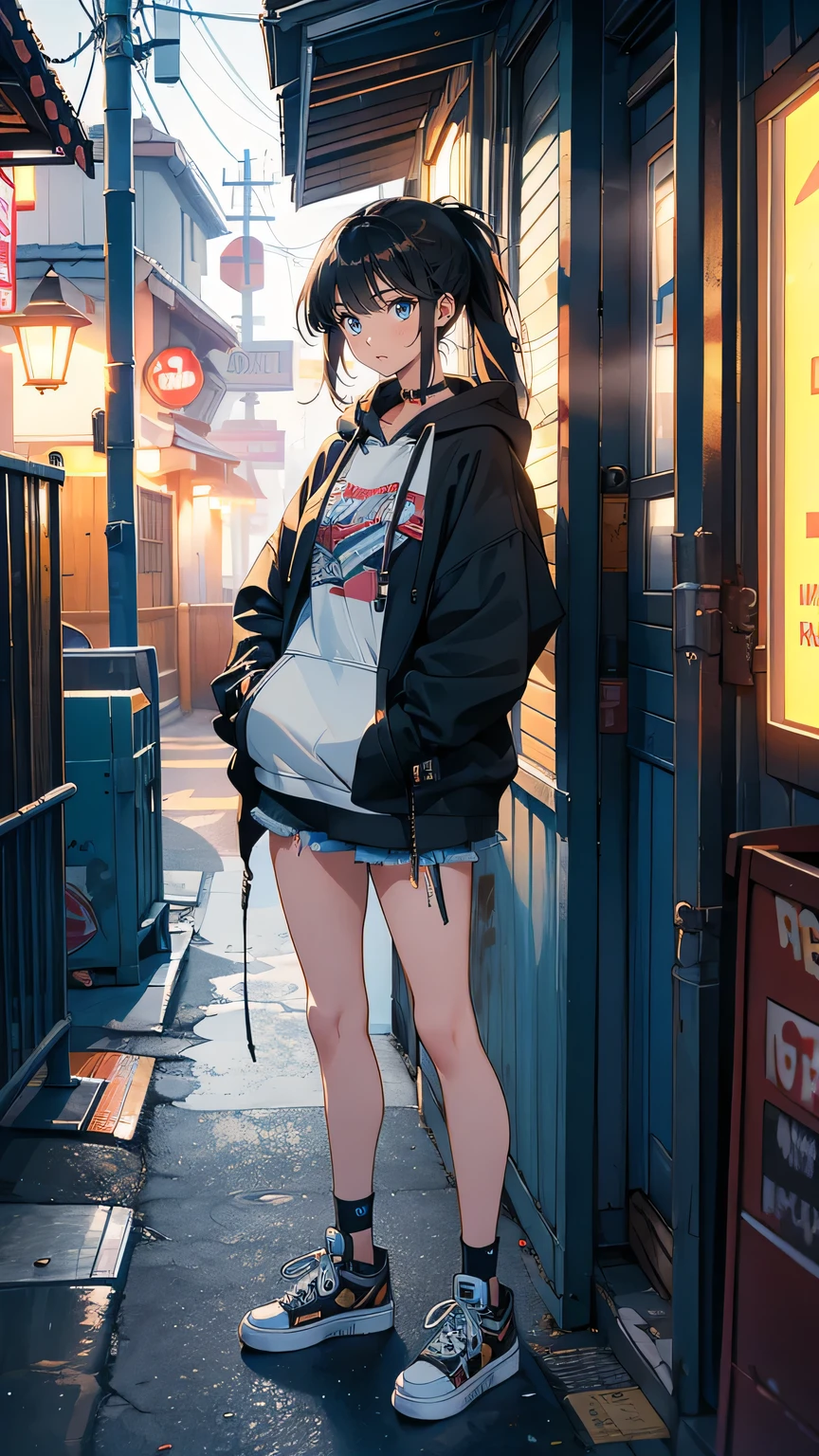 “A -yeld gistanding with her skateboard in a quiet, empty alleyway. She wears an oversized hoodie and ripped jeans, her long hair pulled into a messy ponytail. Her expression is a mix of uncertainty and determination, her skateboard gripped tightly at her side. The dim light from nearby streetlamps casts soft shadows, highlighting her introspective and slightly withdrawn personality.”