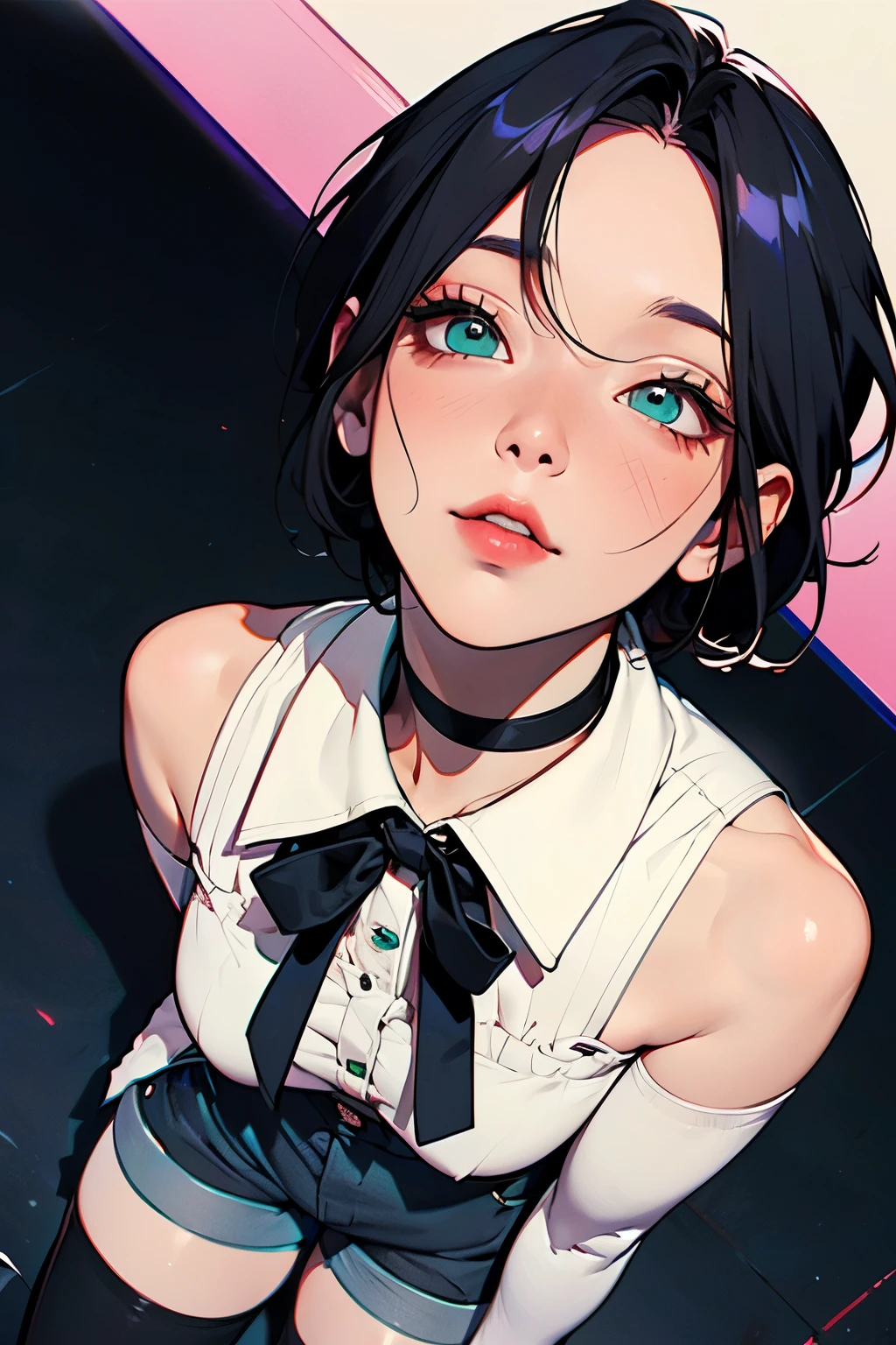 ( top quality)、( top quality)、cut、      Chainsaw Man  、cute、(    choker   ).     Emerald Eyes     、Her hair is purple   、   short bob 、   beautiful　whole body、       Details、強力な       Details、cut、(((     shorts )).(( Facial image   )).((  Liptsuya  )).((  embarrassing  ))、(( looks up)).((  black stockings)).