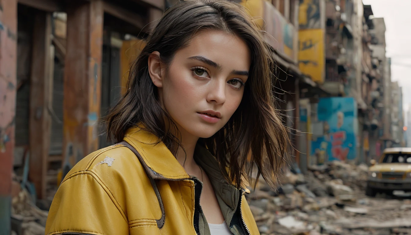 (最 High Quality ,4K,8k, high res,masterpiece:1.2), ULTRA DETAIL,( super real ,  photorealistic, photorealistic:1.37),  RAW photo,   20 years old.o Close-up portrait of a beautiful girl ,  most beautiful, Alone,  realistic ,  shirt,  jacket,  cyberpunk, Brown Hair, yellow  jacket, The background is a ruined city , ( skin that is meticulous :1.2),  8K ultra HD, digital SLR,  soft lighting ,  High Quality ,  film grain,  Fujifilm XT3,   highly detailed background 