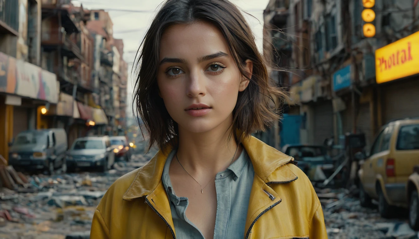 (最 High Quality ,4K,8k, high res,masterpiece:1.2), ULTRA DETAIL,( super real ,  photorealistic, photorealistic:1.37),  RAW photo,   20 years old.o Close-up portrait of a beautiful girl ,  most beautiful, Alone,  realistic ,  shirt,  jacket,  cyberpunk, Brown Hair, yellow  jacket, The background is a ruined city , ( skin that is meticulous :1.2),  8K ultra HD, digital SLR,  soft lighting ,  High Quality ,  film grain,  Fujifilm XT3,   highly detailed background 