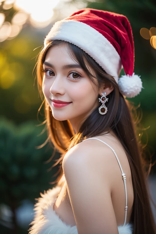 Beautiful girl looking at the viewer ,Put on a red fluffy dress, velvet, red white fur trim, a red tight skirt, velvet, white fur trim.,, clear white skin, soft cheeks, Smiling charmingly, seeing ,Sharp face,  brown eyes , Christmas festival, there is snow, the Christmas tree decorates the garden very much at night, standing above Christmas.
Middle chest, earring, Long straight hair, light brown hair, put on a Christmas hat 