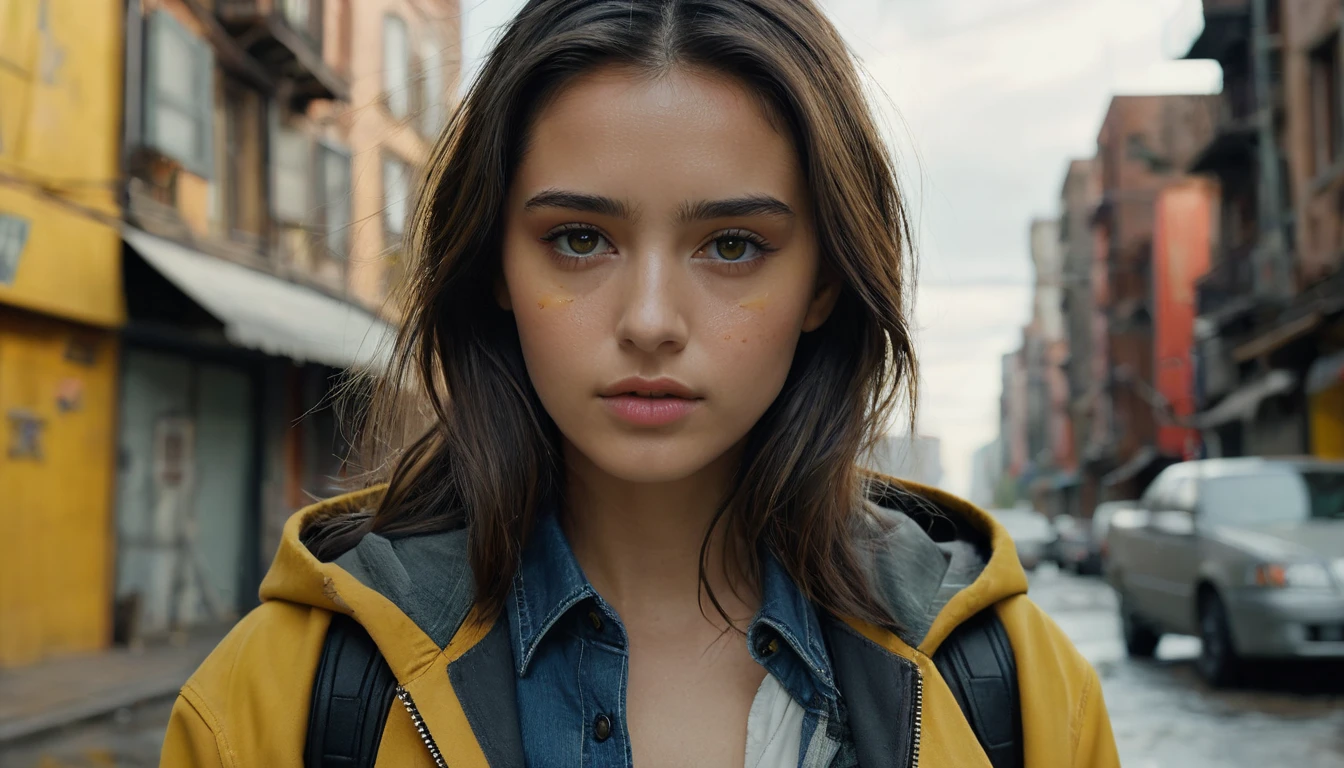 (最 High Quality ,4K,8k, high res,masterpiece:1.2), ULTRA DETAIL,( super real ,  photorealistic, photorealistic:1.37),  RAW photo,   20 years old.o Close-up portrait of a beautiful girl ,  most beautiful, Alone,  realistic ,  shirt,  jacket,  cyberpunk, Brown Hair, yellow  jacket, The background is a ruined city , ( skin that is meticulous :1.2),  8K ultra HD, digital SLR,  soft lighting ,  High Quality ,  film grain,  Fujifilm XT3,   highly detailed background 