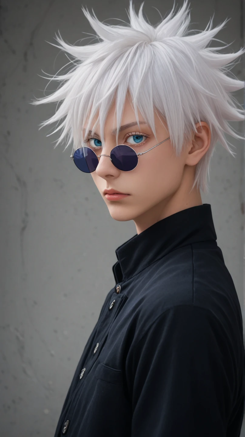 short hair, 1boy, white hair,spiked hair,  gojou satoru, blue eyes, colored eyelashes, hair between eyes, black jacket, round sunglasses,upper body, expressionless, looking at viewer, from side,