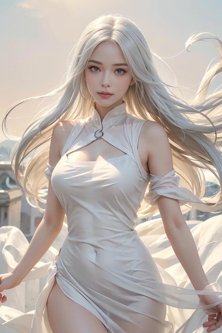 1 woman, 25 years, 独奏, ((Adult woman)), ((Muscular woman)), ((evil face)), evil smirk, red-lips, Long hair, (white colored hair: 1.2), red eyes, hairlong, (Braided big tail: 1.2), hair ornament, Bangs, wide shoulders, elastic hips, elastic ass, Elastic breasts, makeup, red eyeshadow, blusher, ((medium boobs)), ((Slim waist)), ((Slim ass)), (white transparent dress with side neckline: 1.3), bridal veil, (From the Rider: 1.3), (Squatting: 1.2), (spreading legs: 1.2), (cameltoe:1.2), (Detailed: 1.3), beste-Qualit, 4k, (High image detail: 1.4), (Realistic:1.0), (detailized face: 1.0), (A clear body figure: 1.0), On the street in the park, Green trees in the background, simple blurred background