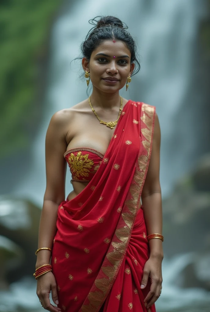 raw, best quality, high resolution, Masterpiece: 1.3), Beautiful kerala woman, Masterpiece, rain, Perfect soaking body, red Wet clothes, (big breasts:1.3), Cleavage Cutout, open breast, black bun, Stand open, realistic, dark hairy pussy, soft smile, thick thighs, She is about 20 years old., Pale white skin, Wearing a sexy short red sarong., ((whole body)) Facing the audience, close up, heavy mountain, มีfog, fog, woman standing in waterfall,
