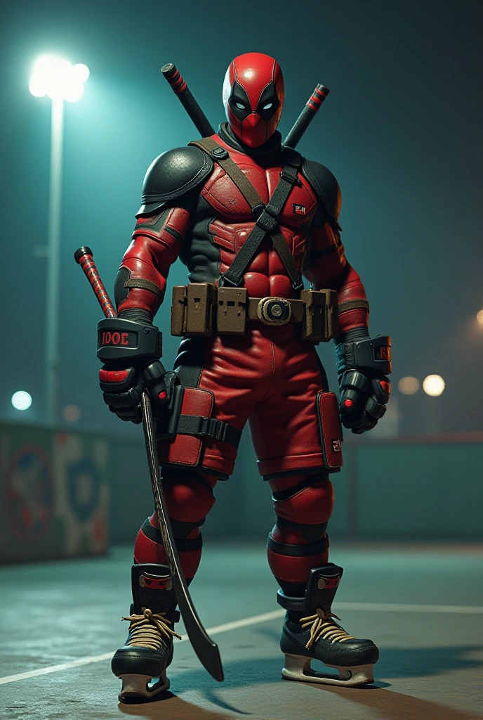 Create a Deadpool in the gym with a gun in one hand as if shooting and a weight in the other hand that looks strong and is sitting on a bench and the environment is like a gym , that Deadpool looks strong and aggressive as if he were angry and that Allan has bullet cartridges on the floor and it looks a bit crazy  
