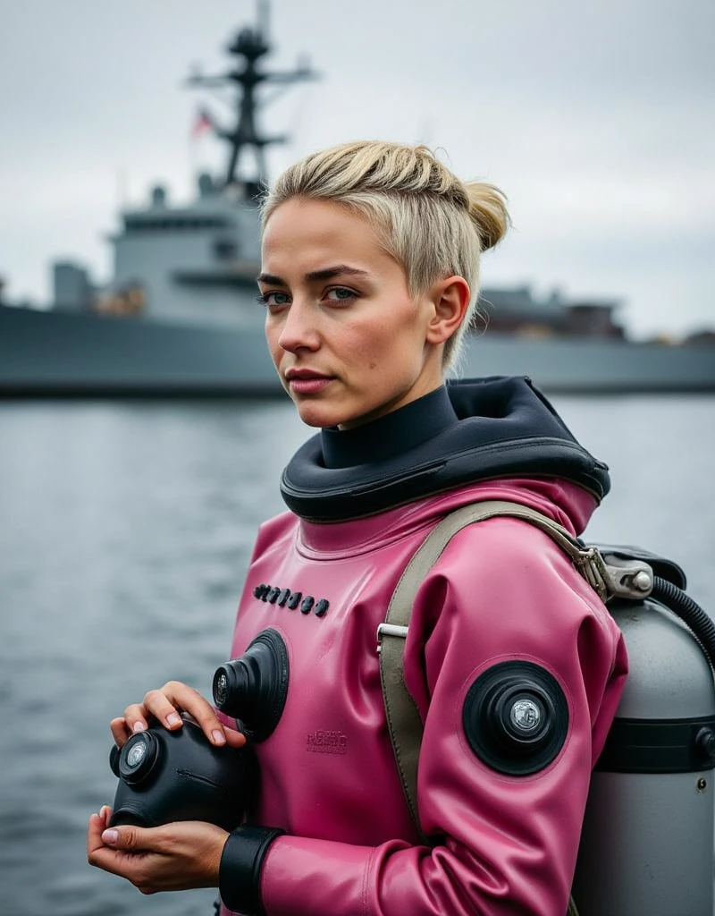 A documentary photo, Photo-realistic, ultra-realistic, (Cuban beautiful young woman, famous Cuban model,blond white hair:1.3, pashe haircut:1.4,,boyish cool face:1.3, profile:1.3), wetlook rubberish pink clothes,, she is a military diver of Cuban navy, experienced military diver, wearing a professional wetsuits for military diver with professional scuba equipment, She is on a shlre, She is preparing to scuba dive for a lifesaving mission, there is a large battle ship behind her,, Natural Makeup, boyish face ,Front View:1.21, Perfect Anatomy:1.21, Small head:1.21, Slender body:1.37, Narrow waist:1.5, Thin limbs:1.5, Flat Chest:1.5, Anatomically correct limbs, Diving Suits drysuits (high smooth turtleneck collar), Fully equipped for diving, Very cute Japanese woman, Brown Hair, Chignon Hair, woman holds oval scuba mask, Calm sea in qinter, Dynamic and emotional movie lighting, 