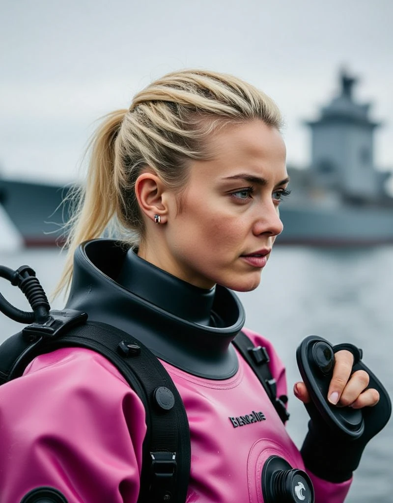 A documentary photo, Photo-realistic, ultra-realistic, (Cuban beautiful young woman, famous Cuban model,blond white hair:1.3, pashe haircut:1.4,,boyish cool face:1.3, profile:1.3), wetlook rubberish pink clothes,, she is a military diver of Cuban navy, experienced military diver, wearing a professional wetsuits for military diver with professional scuba equipment, She is on a shlre, She is preparing to scuba dive for a lifesaving mission, there is a large battle ship behind her,, Natural Makeup, boyish face ,Front View:1.21, Perfect Anatomy:1.21, Small head:1.21, Slender body:1.37, Narrow waist:1.5, Thin limbs:1.5, Flat Chest:1.5, Anatomically correct limbs, Diving Suits drysuits (high smooth turtleneck collar), Fully equipped for diving, Very cute Japanese woman, Brown Hair, Chignon Hair, woman holds oval scuba mask, Calm sea in qinter, Dynamic and emotional movie lighting, 