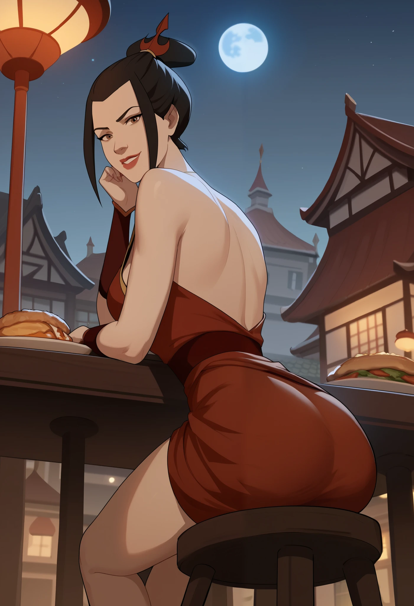 score_9, score_8_up, score_7_up, source_anime, azula, black hair, brown eyes, topknot, sidelocks, hair bun, single hair bun, solo, cowboy shot, sexy pose, seductive, flirting, looking at viewer, sexy clothes, cleavage, thigh, short skirt, sexy, elegant white dress, loose dress, short dress, sitting on stool, arms resting on table, food on table, ass view, ass closeup, from below, bottom view, looking down at viewer, smiling, lifted skirt, black thong panties visible, outdoor restaurant, city, houses, nighttime, midnight, full moon, moonlit illumination