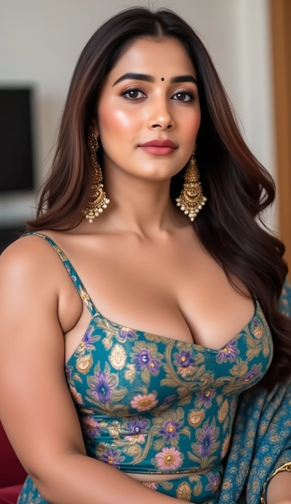 BBW, Indian mature woman wearing sleevless backless blouse and Saree , bangles in both hand and henna mehndi in both hands , earings, nose ring, lipstick, BIMBO curvy woman showing her Big cleavage, veil saree, seating on the sofa, Desi real indian, STRAIGHT HAIR