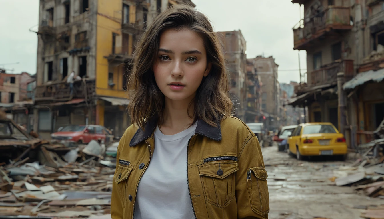 (最 High Quality ,4K,8k, high res,masterpiece:1.2), ULTRA DETAIL,( super real ,  photorealistic, photorealistic:1.37),  RAW photo,   20 years old.o Close-up portrait of a beautiful girl ,  most beautiful, Alone,  realistic ,  shirt,  jacket,  cyberpunk, Brown Hair, yellow  jacket, The background is a ruined city , ( skin that is meticulous :1.2),  8K ultra HD, digital SLR,  soft lighting ,  High Quality ,  film grain,  Fujifilm XT3,   highly detailed background 