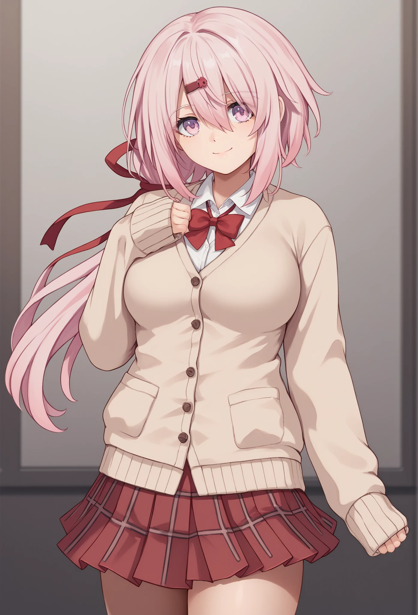 score_9, score_8_up, score_7_up, source_anime, sy1, pink eyes, purple eyes, pink hair, white hair, hair between eyes, hair over one eye, long hair, ponytail, low ponytail, hairclip, hair ornament, ribbon, red ribbon, hair ribbon, bow, red bow, shirt, white shirt, cardigan, brown cardigan, sleeves past wrists, skirt, red skirt, pleated skirt, plaid skirt, breasts, thighs, cowboy shot, smile