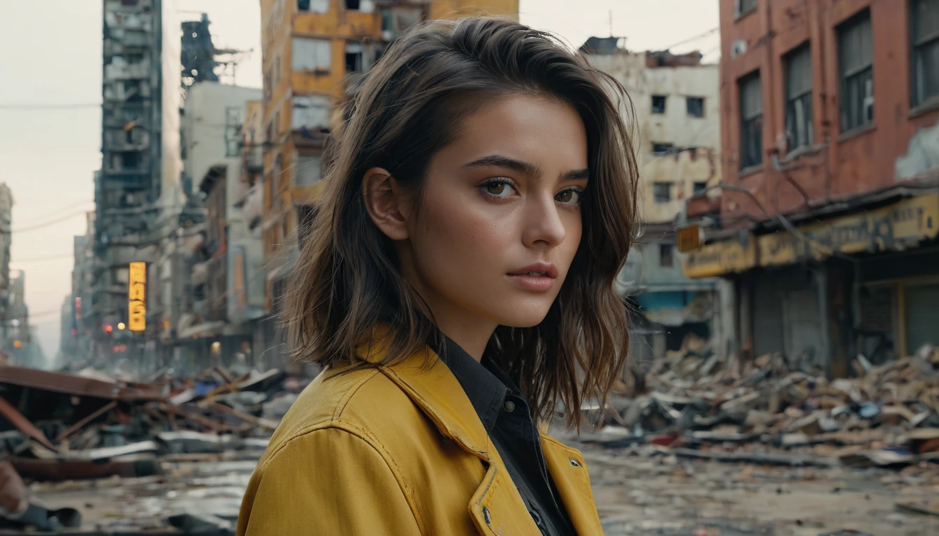 (最 High Quality ,4K,8k, high res,masterpiece:1.2), ULTRA DETAIL,( super real ,  photorealistic, photorealistic:1.37),  RAW photo,   20 years old.o Close-up portrait of a beautiful girl ,  most beautiful, Alone,  realistic ,  shirt,  jacket,  cyberpunk, Brown Hair, yellow  jacket, The background is a ruined city , ( skin that is meticulous :1.2),  8K ultra HD, digital SLR,  soft lighting ,  High Quality ,  film grain,  Fujifilm XT3,   highly detailed background 