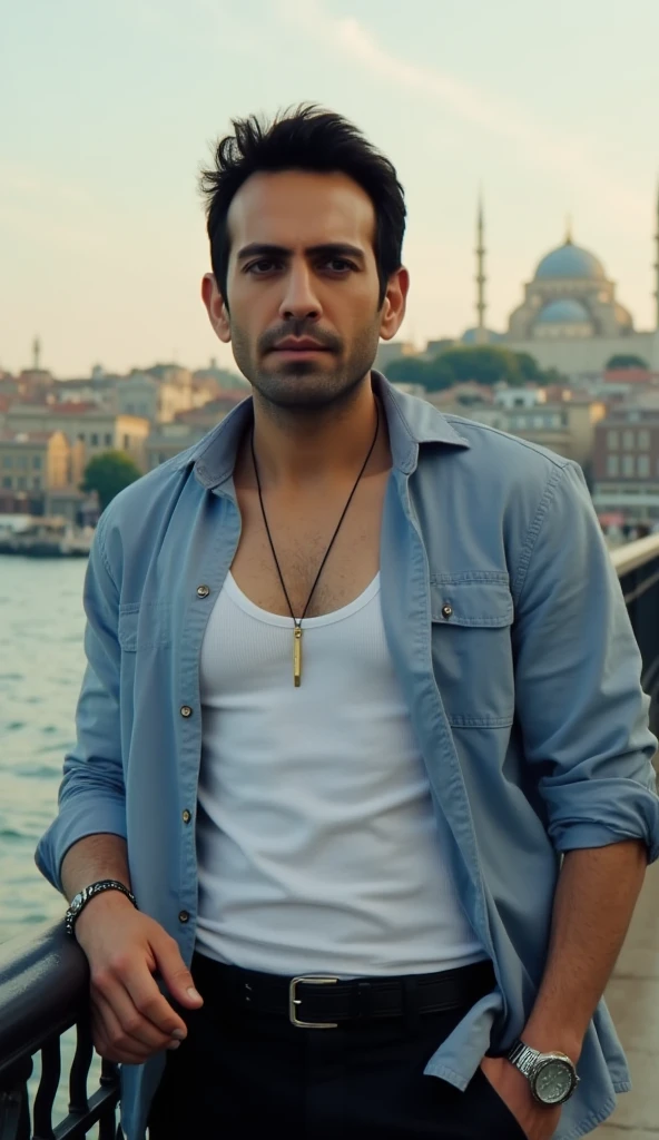 Bugra is standing on a bridge in Istanbul. He is leaning on the bridge railing and looking into the camera. It is a close-up of his upper body. He is elegantly dressed, his shirt is slightly unbuttoned. He is smiling dreamily.