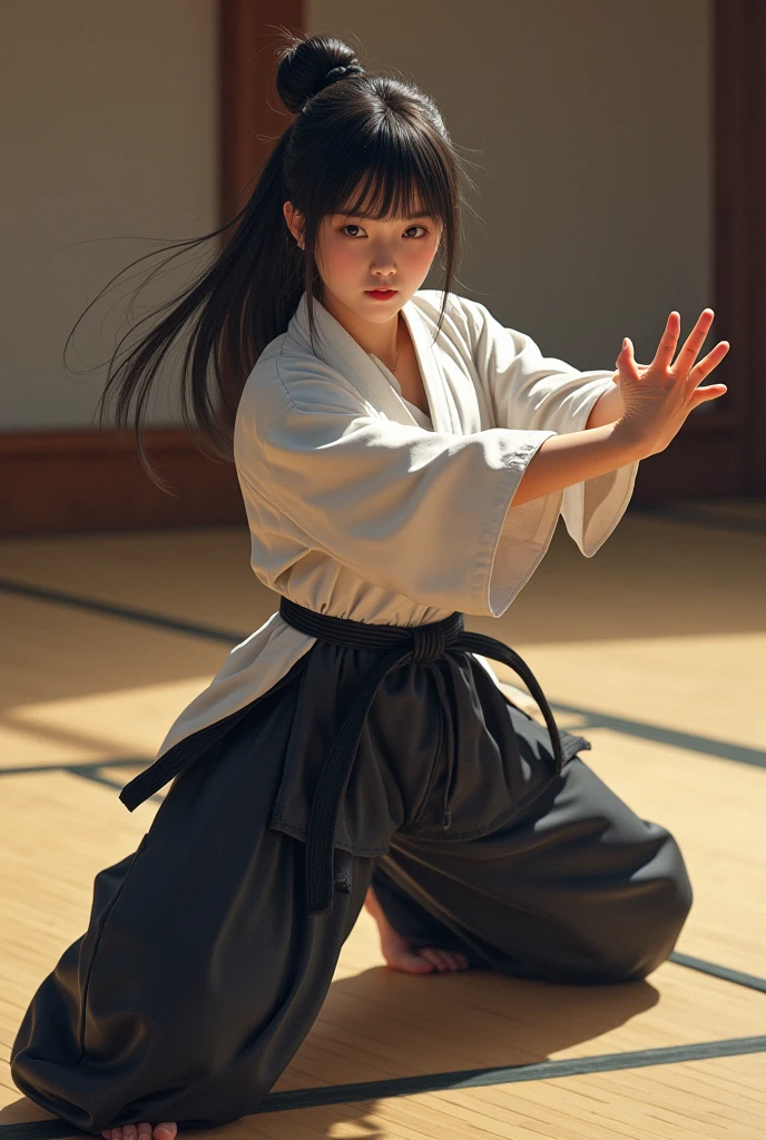 Martial arts girl 、 Japanese、Age 19、 beautiful girl、 bundling black hair up 、Wearing a judogi、 wearing black spats 、 putting her hands forward and lowering her body to the front、 in the background is a dojo with tatami mats 、