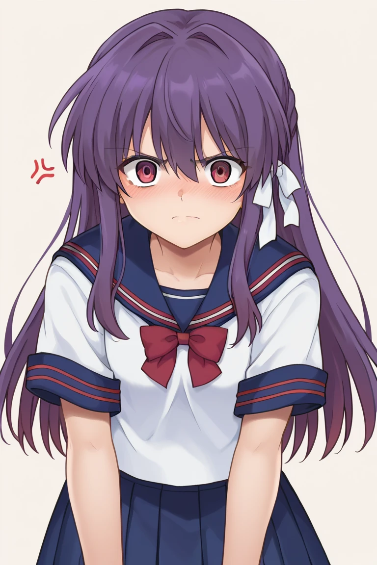 score_9, score_8_up, score_7_up, best quality, masterpiece, anime screencap, anime coloring, 1girl, alone, looking at viewer, kyou fujibayashi, long hair, hair ribbon, school uniform, sailor collar,     serafuku, blush, short sleeves, red bowtie,  staring hard、staring face 、Small face、Slanted Eyes、Pointy、 cowboy shot, Embarrassed、 arm、 frowns, Anger Mark,  Contempt-like eyes , Red face, Contempt/ angry gaze , Hanging eyes, Contempt, get angry,  accentuated chest 、 cowboy shot、whole body、( whole body:1.3)