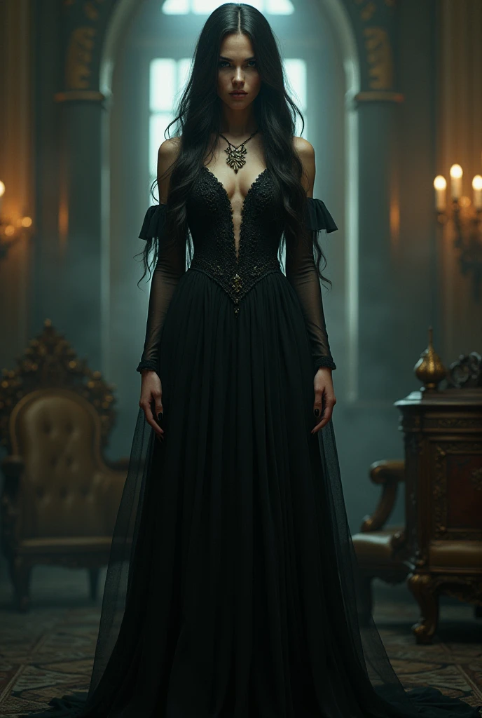Evil young queen with long red fingernails and black dress with neckline loses her power 