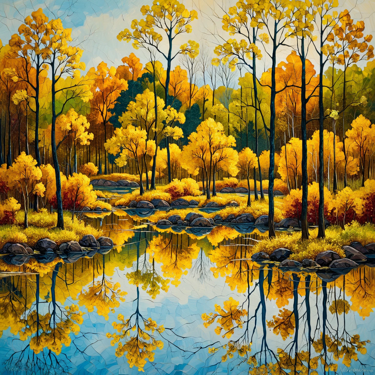 Best quality,high resolution,best composition,complex oil painting,impasto oil painting,abstract art,high quality oil painting,palette knife painting,cubist wood painting,abstract oil painting,acrylic painting,expressive rustic oil painting,brush stroke oil painting, hardwood trees with yellow leaves standing in the lake, stunning nature in the background, trees reflected on the lake surface, yellow mist, beautiful reflection, breathtakingly beautiful trees, photo of amazing colors, reflection on the water surface.